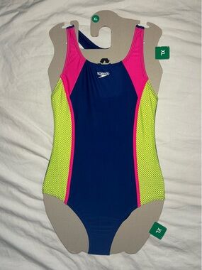 Girls XL Speedo Blue, Pink & Neon Green One-Piece Swimsuit